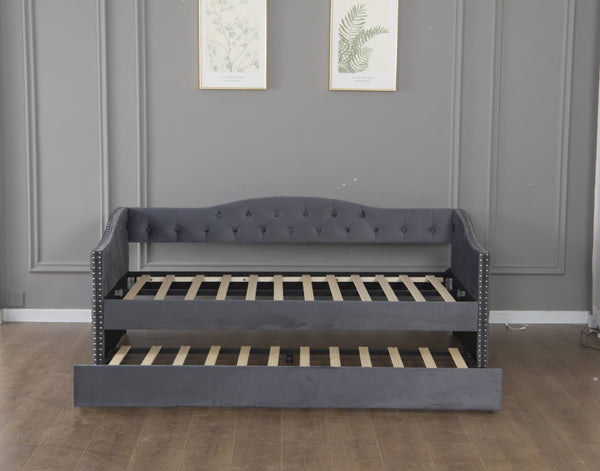 English Elm Twin Size Upholstered Daybed With Trundle & Usb Charging – Stylish Velvet Frame For Space-Saving Comfort W1670S00024-GIGA