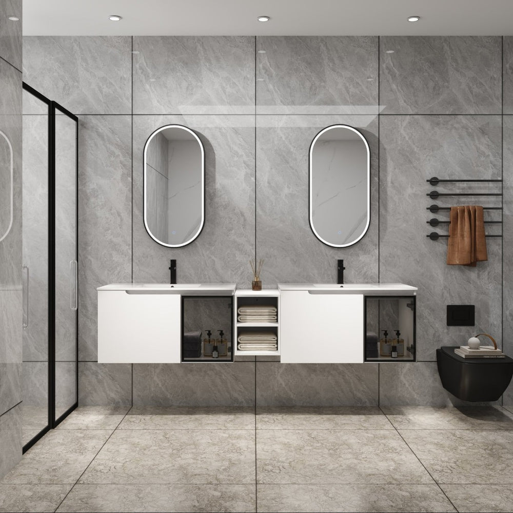 English Elm 84'' Freestanding Double Sink Bathroom Vanity Oak Finish Soft Close Storage Cabinet W999S00534