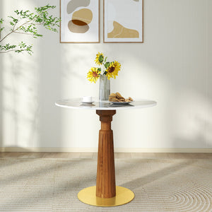 English Elm Modern Round Dining Table - Elegant Sintered Stone Top With Wooden Legs & Gold Base For 2 People W1535S00573