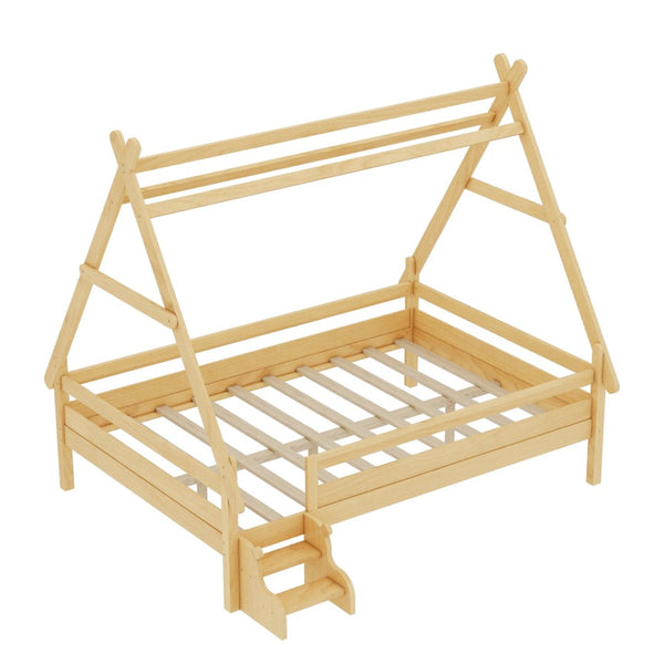 English Elm Twin House Shaped Platform Bed Solid Pine Frame with Built in Stairs for Kids Natural W1580P354721