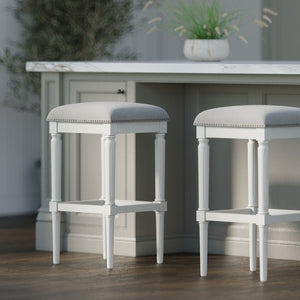 English Elm 31"h Distressed Walnut Bar Stool Carved Wood Frame with Upholstered Faux Leather Seat B2751P436459