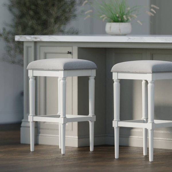 English Elm 31"h Distressed Walnut Bar Stool Carved Wood Frame with Upholstered Faux Leather Seat B2751P436459