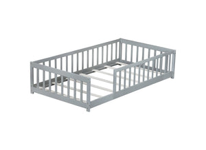 English Elm Twin Solid Rubberwood Floor Bed with Full Perimeter Safety Rails for Toddler Rooms Grey W504P296793