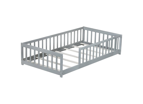 English Elm Twin Solid Rubberwood Floor Bed with Full Perimeter Safety Rails for Toddler Rooms Grey W504P296793