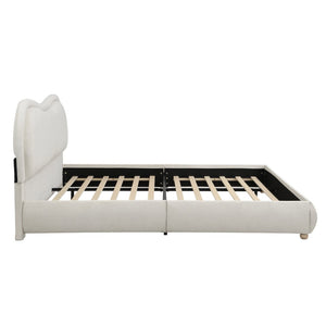 English Elm Queen Chenille Upholstered Bed Curved Headboard Oak Legs Wooden Slat Platform Frame W1716P387791