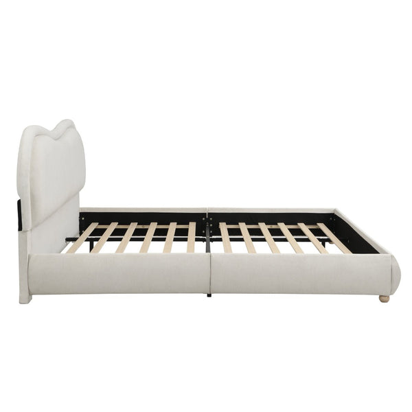 English Elm Queen Chenille Upholstered Bed Curved Headboard Oak Legs Wooden Slat Platform Frame W1716P387791