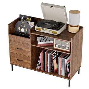 English Elm Record Player Stand with Vinyl Storage Mid-century Wood Console for Living Room T2398P438826