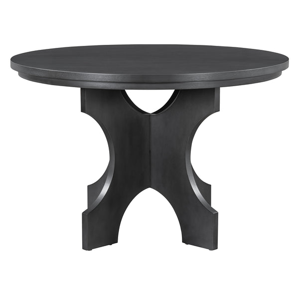 English Elm TREXM Round 5-Piece Rustic Dining Set with Upholstered Chairs and Curved Bench, Distressed Wood Finish Beige+Grey ST000146AAE