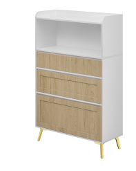 English Elm Modern 3-Drawer Storage Cabinet 150cm Tall Antique Brown & White Wood, Slim 35cm Depth, Elegant Gold Accents and Multi-Use Organization W2761P248533