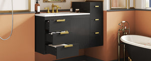 English Elm 30" Bathroom Vanity with Sink — Wall-Mounted Ceramic Basin, Soft-Close Storage, Floating Modern Design Black N710S324096B