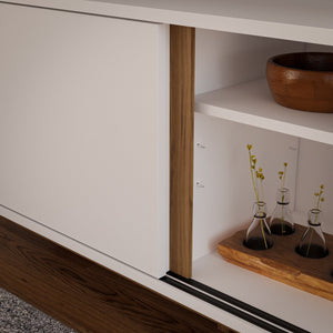 English Elm Brookside Mid-Century TV Stand White & Oak – 65"‑Ready Laminate Wood, Sliding Doors, Cord Management B350P326200