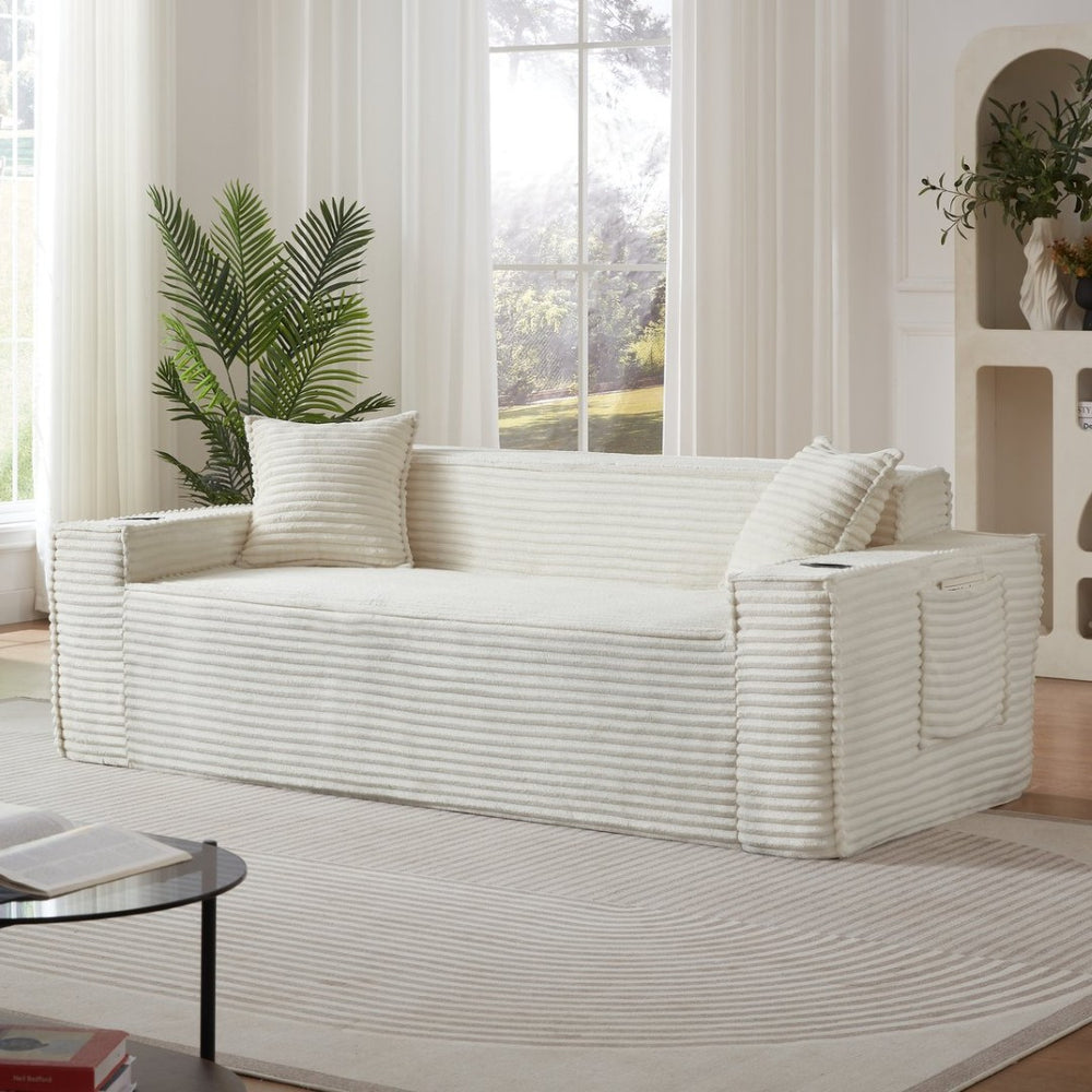 English Elm 3seater Corduroy Cloud Sofa Pocket Spring Cushioned Seat for Apartments and Office Lounges White W3396P434762
