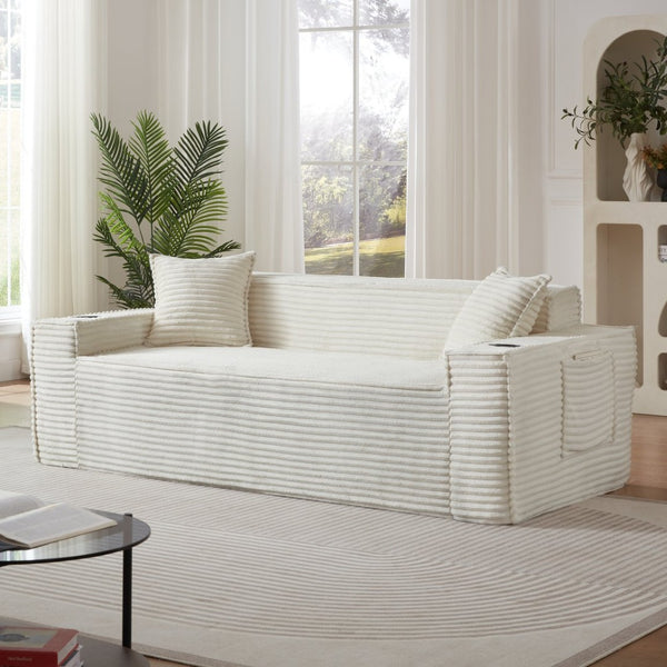 English Elm 3seater Corduroy Cloud Sofa Pocket Spring Cushioned Seat for Apartments and Office Lounges White W3396P434762