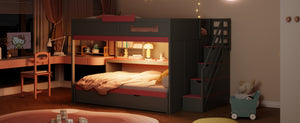English Elm House-shaped Pine Bunk Bed with Built-in Slide Storage Staircase Twin Over Full Kids Frame Gray N820S00067E