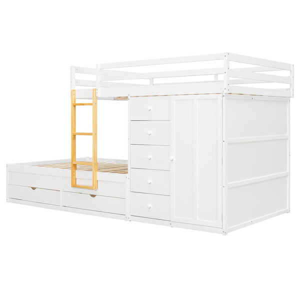 English Elm Full Size Bunk Bed with Integrated Drawers Wardrobe Mdf Solid Wood Kids Storage White LT000463AAK