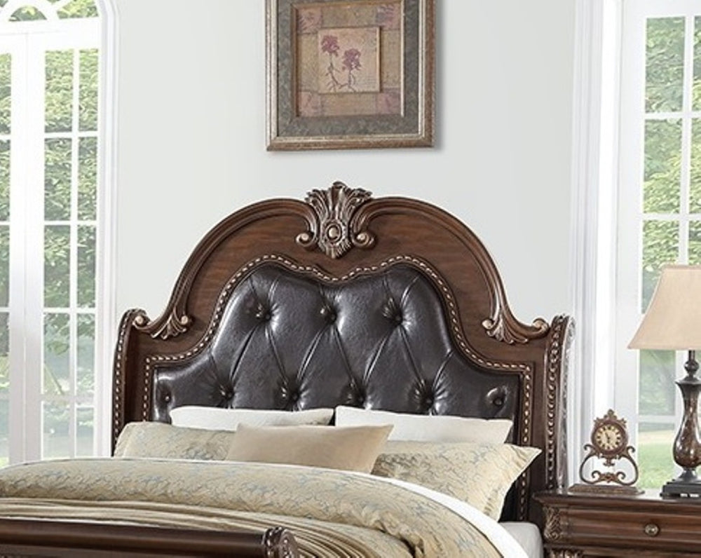 English Elm Traditional California King Bed Carved Faux Leather Tufted Headboard Dark Brown Frame B011S02131
