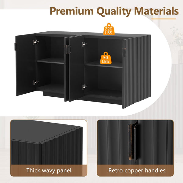 English Elm TREXM Fluted Buffet Cabinet with Wave Design, Spacious Sideboard with Adjustable Shelves & Soft-Close Doors Black N715P183992B