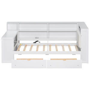 English Elm Wood Twin Size Platform Bed With Drawers, Charging Station, Led Light, Desk, & Upholstered Headboard N7090001046K-GIGA