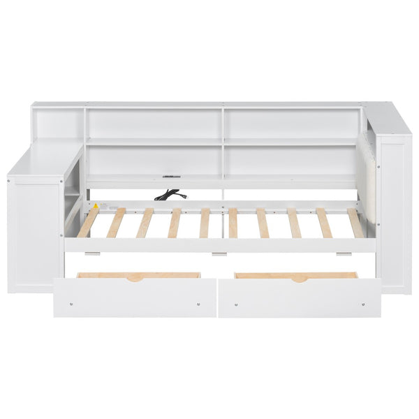 English Elm Wood Twin Size Platform Bed With Drawers, Charging Station, Led Light, Desk, & Upholstered Headboard N7090001046K-GIGA