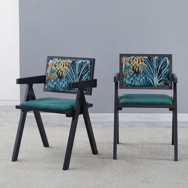 English Elm 2 Elegant Black Rubberwood Dining Chairs With Armrests - Medieval Style, Comfortable Rattan Seats W2720P237608