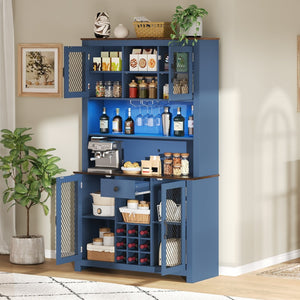 English Elm 70.9" Farmhouse Hutch Pantry with Led Lighting Wine Rack Mesh Doors and Built-in Power Navy Blue CH361426AAL
