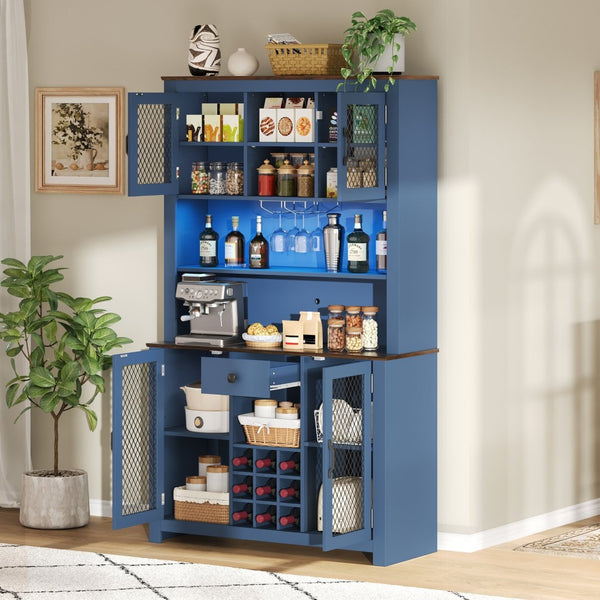 English Elm 70.9" Farmhouse Hutch Pantry with Led Lighting Wine Rack Mesh Doors and Built-in Power Navy Blue CH361426AAL