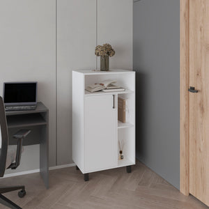 English Elm Bryce Compact Base Cabinet with Door, Open Shelves & Top Display in Kronos White — Durable MDF Storage B200P335361