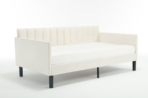 English Elm Elena Twin Size Beige Velvet Daybed with Ribbed Tufted Backrest, Foam Comfort, 400lb Capacity B083P152010