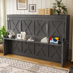 English Elm Full Murphy Bed with Fold Down Desk Led Lighting and Usb Port for Studio Spaces Dark Gray W1580S00455