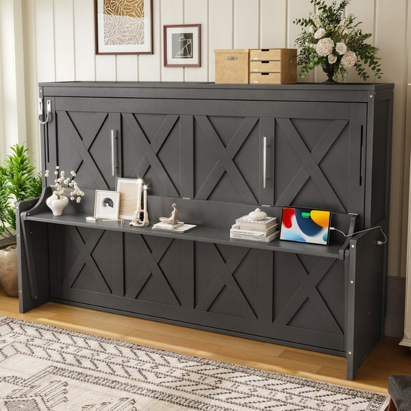 English Elm Full Murphy Bed with Fold Down Desk Led Lighting and Usb Port for Studio Spaces Dark Gray W1580S00455