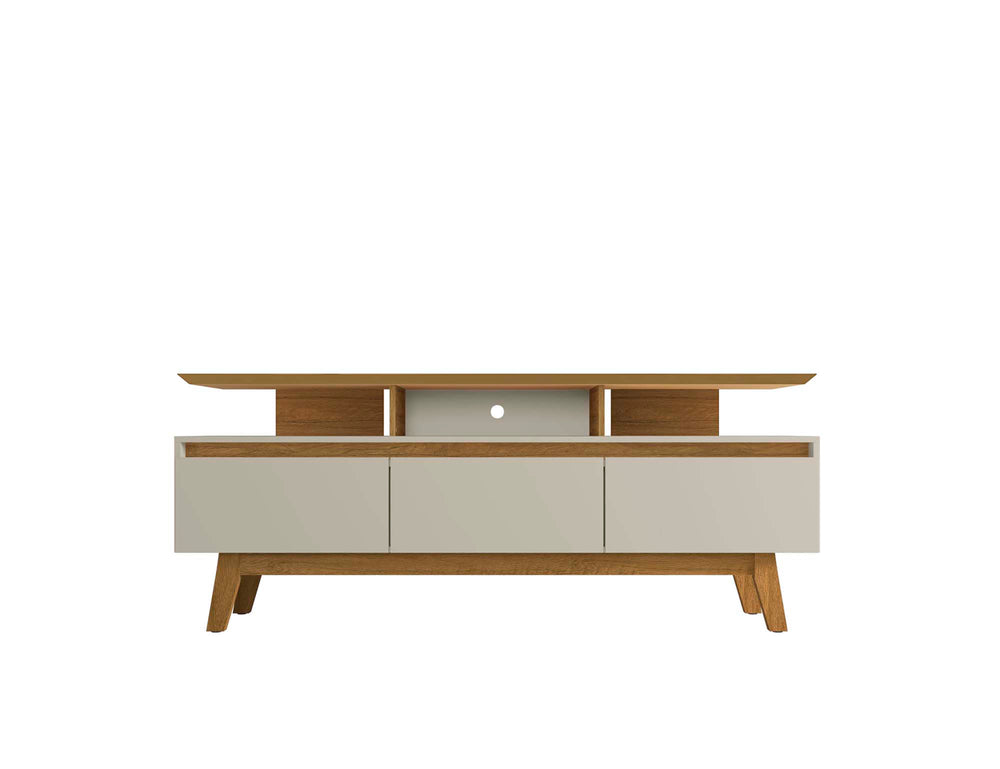 English Elm Yonkers 71" TV Stand Off White & Natural—65" Ready, 3 Flip-Down Doors, Open Shelves, Cable Management B365P398393