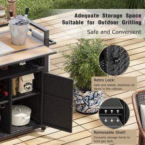 English Elm K&K Wicker Outdoor Grill Cart with Foldable Drop Leaf, Locking Wheels, Wine Rack & Ample Storage Black Brown N707P233747B