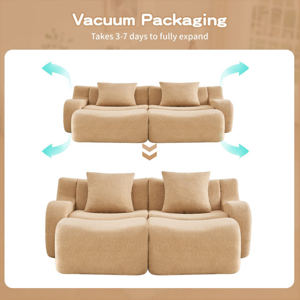 English Elm Soft Teddy Fabric Boneless Sofa with Ergonomic Curved Armrests, 32D High-Density Sponge Comfort and Anti-Slip Base Camel W714S01430