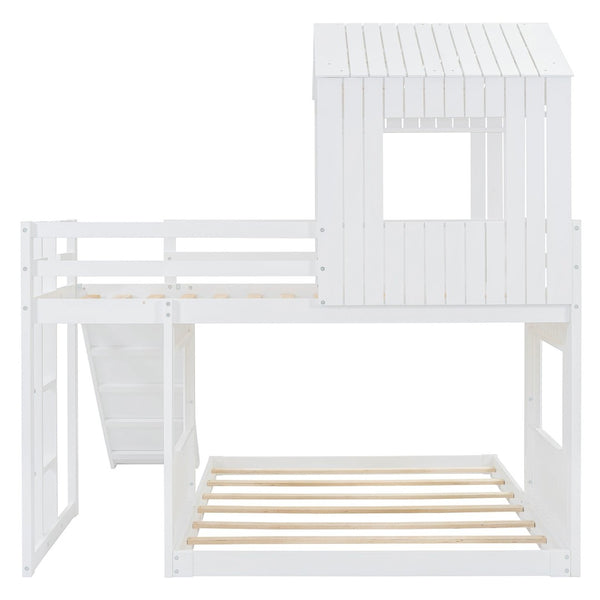 English Elm Wooden Twin Over Full Bunk Bed Farmhouse Playhouse Slide Pinewood Kids Loft White LT000328AAK