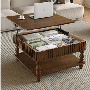 English Elm 31.5 Lift-Top Coffee Table with Hydraulic Raise, Fluted Wood Slats, Hidden Compartment & Shelf Walnut Brown W1445P355641