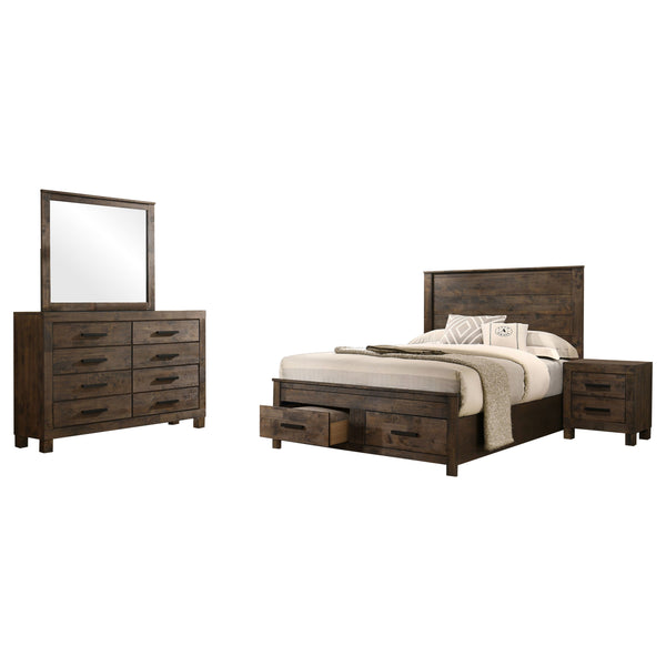 English Elm Greely Rustic Golden Brown 4-Piece Bedroom Set with Tall Headboard, Footboard Storage, Ample Drawers B062S01003
