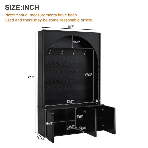 English Elm On-trend Farmhouse Hall Tree Arched Cabinet Storage Bench with Golden Hooks Mudroom Black N721S000080B