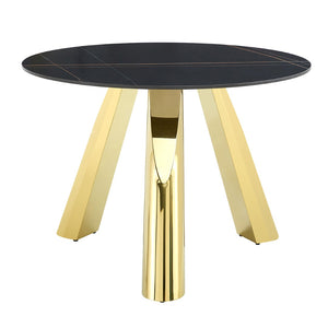 English Elm Table Set - Luxurious 42-Inch Round Dining Table With 4 Black Chairs And Golden Metal Legs For Modern Homes W2920S00043-GIGA
