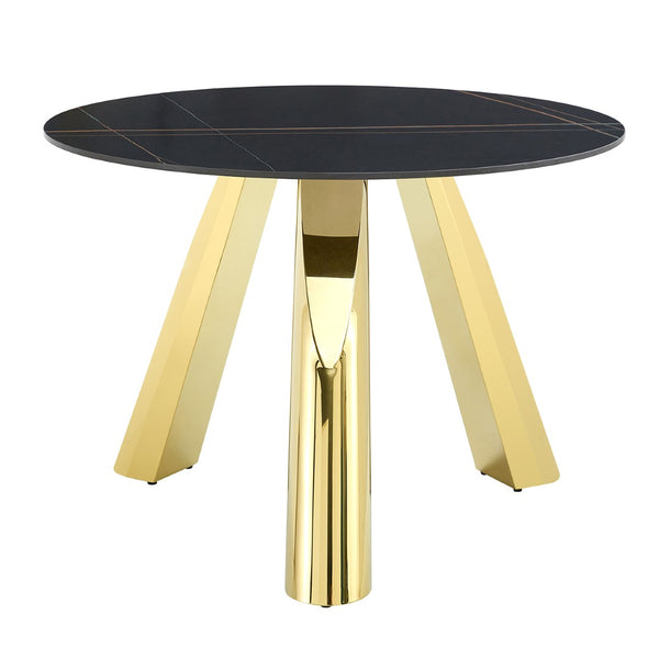 English Elm Table Set - Luxurious 42-Inch Round Dining Table With 4 Black Chairs And Golden Metal Legs For Modern Homes W2920S00043-GIGA