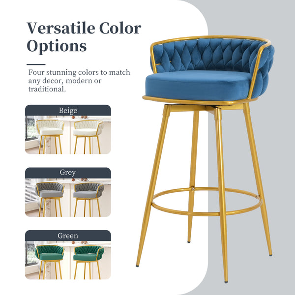 English Elm Christopher Knight Home® - Swivel Counter Height Bar Stools Set of 2 with 180° Turn, Hand-Woven Back, Gold Frame, Velvet Comfort Blue N762P216979C