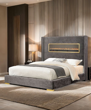 English Elm Contemporary Upholstered Platform Bed with Fireplace Simulator and Bluetooth Audio Gray,Multi B2741P439942