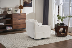 English Elm 011-Teddy Plush Swivel Accent Chair with High Back, Rivet Trim, 360° Rotation, Storage & Pockets Ivory W527P190834