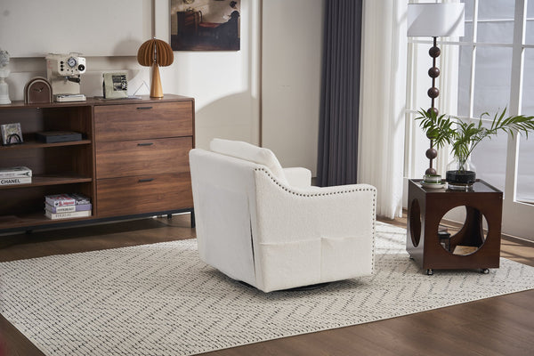 English Elm 011-Teddy Plush Swivel Accent Chair with High Back, Rivet Trim, 360° Rotation, Storage & Pockets Ivory W527P190834