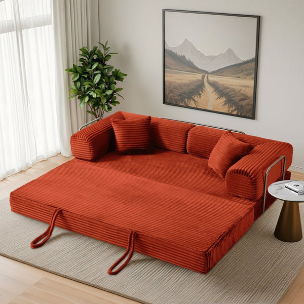 English Elm Compression Foldable Floor Sofa Bed Corduroy Futon with Foam Support for Small Spaces Orange W3716P379191