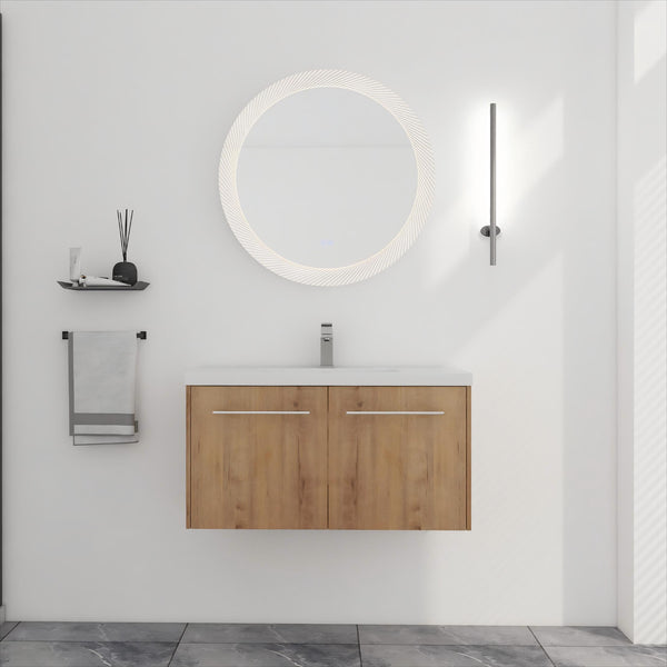 English Elm 36 Inch Floating Bathroom Vanity with Resin Sink, Soft-Close Doors, KD Pack, Modern Storage Design W999P188200