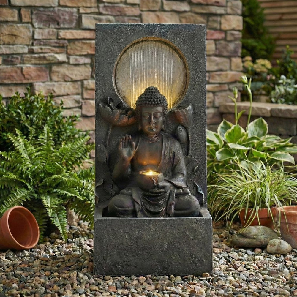 English Elm 28" Outdoor Buddha Resin Fountain Led Lit Tiered Water Feature for Patio Garden W853P412657
