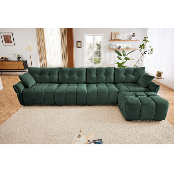 English Elm Modular 4-Seater Sofa With Ottoman - Configurable Chenille Upholstery, Solid Wood Frame, Durable Comfort Green W714S01165
