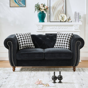English Elm 67"Chesterfield Velvet 2-Seater Sofa with Nailhead Trim, Roll Arms, Hardwood Frame, Luxurious Comfort Black W3373S00011