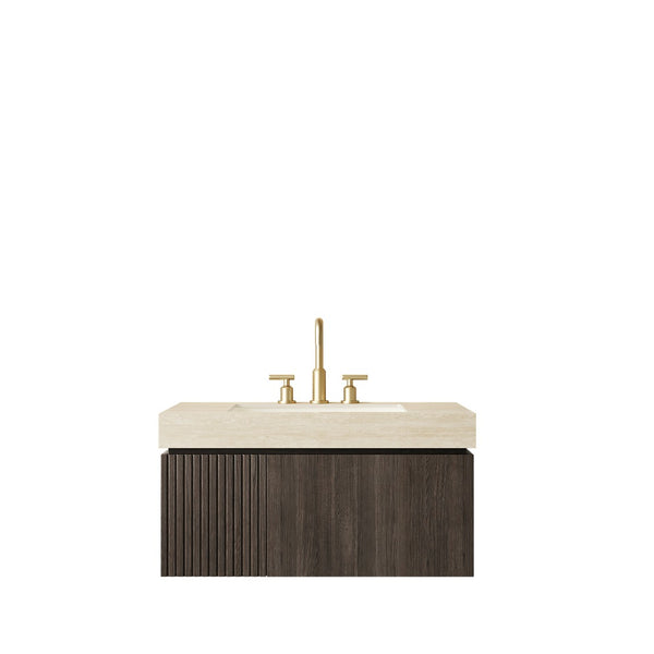 English Elm Muri Floating Bathroom Vanity Plywood Cabinet Travertine Stone Top Espresso W2615S00614