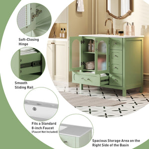 English Elm 36" Green Bathroom Vanity with Waffle Texture Doors, 4 Drawers, Glass Panels, Soft-Closing, Modern Storage N710P280025C